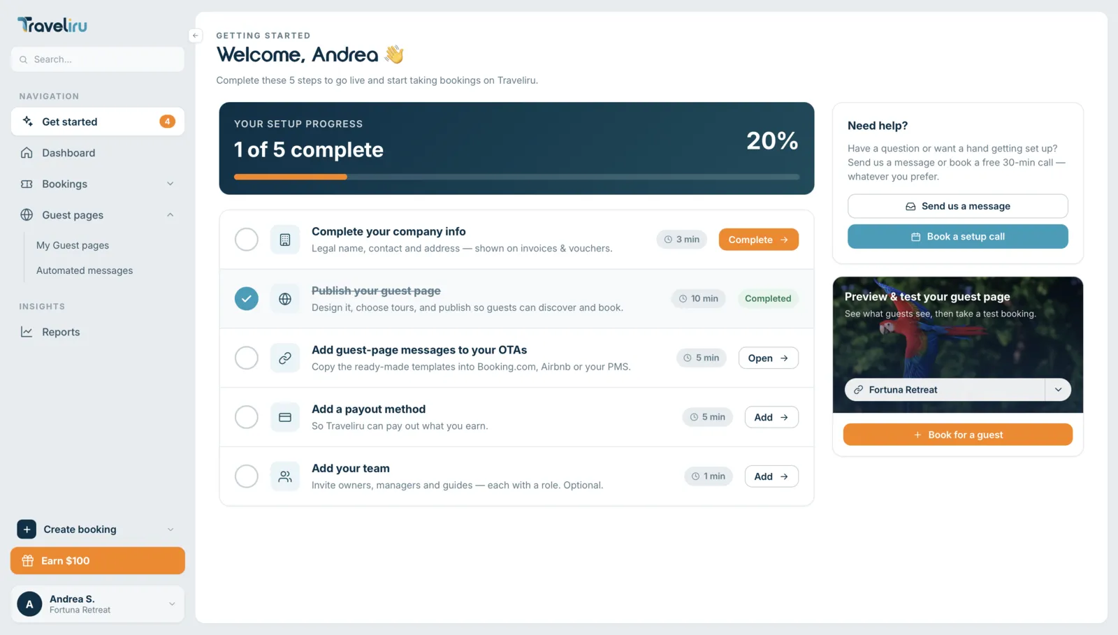 How a host goes live: publish the guest page, connect the OTAs, add a payout method — self-serve, start to finish. Captures from the product in active build. Names and figures are demo data.